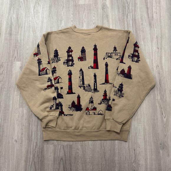Vintage Michigan Lighthouses Sweatshirt Men's Medium Brown 90s Crewneck Lake - Picture 5 of 6